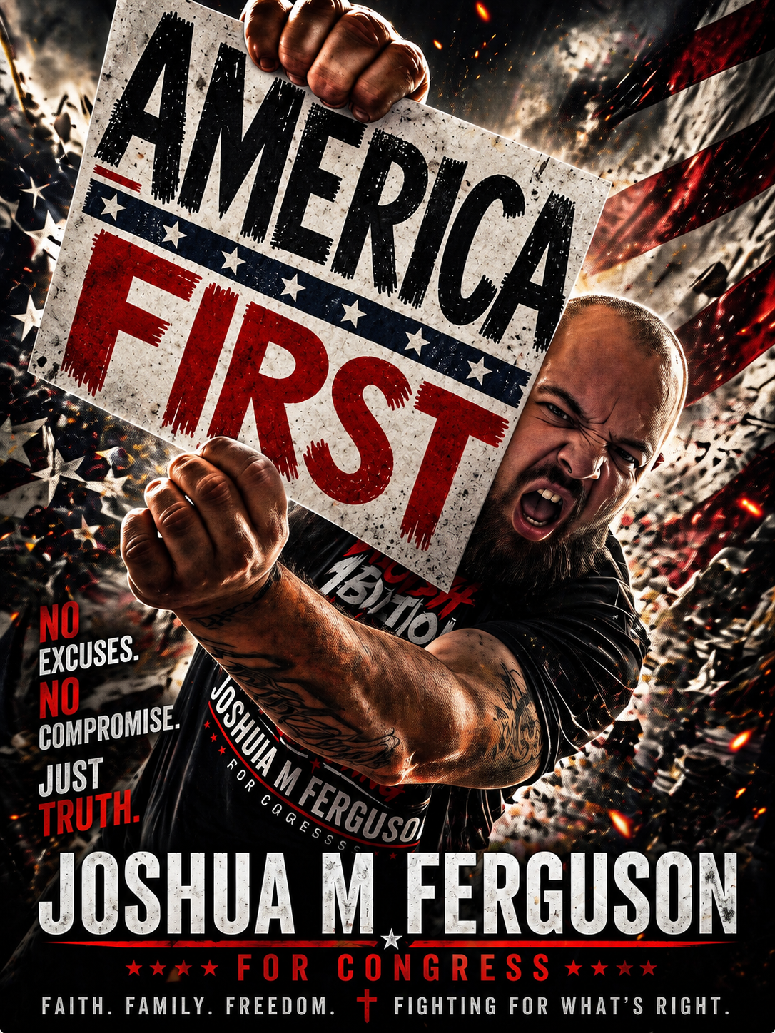 Joshua M. Ferguson holding an America First sign